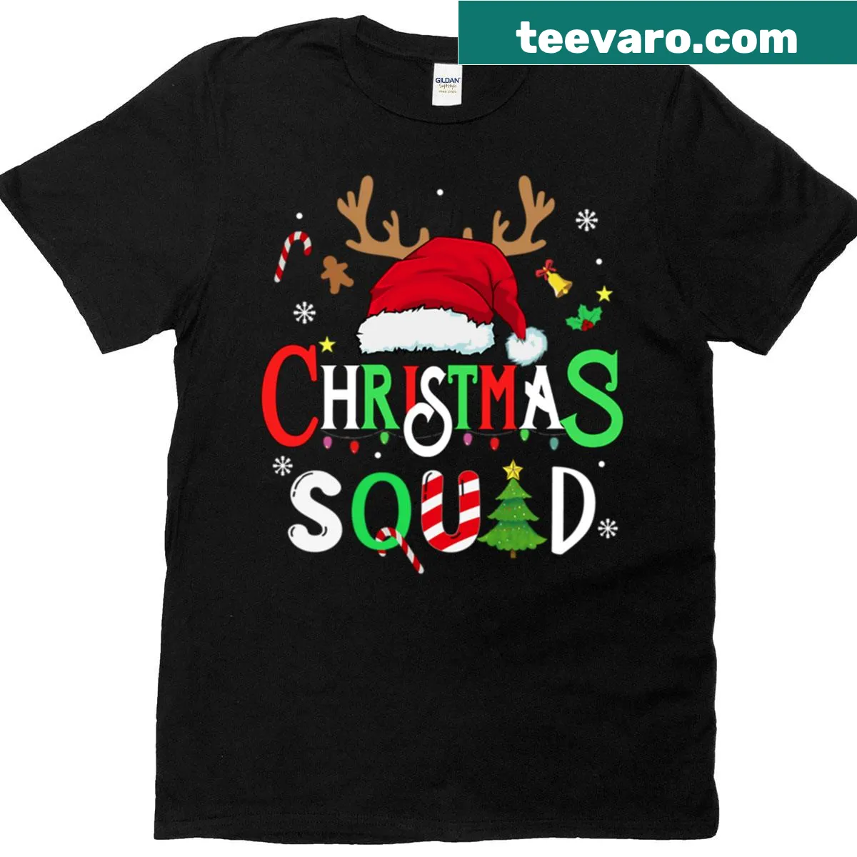 Matching family Christmas t-shirts with Santa and reindeer design — on a men's t-shirt