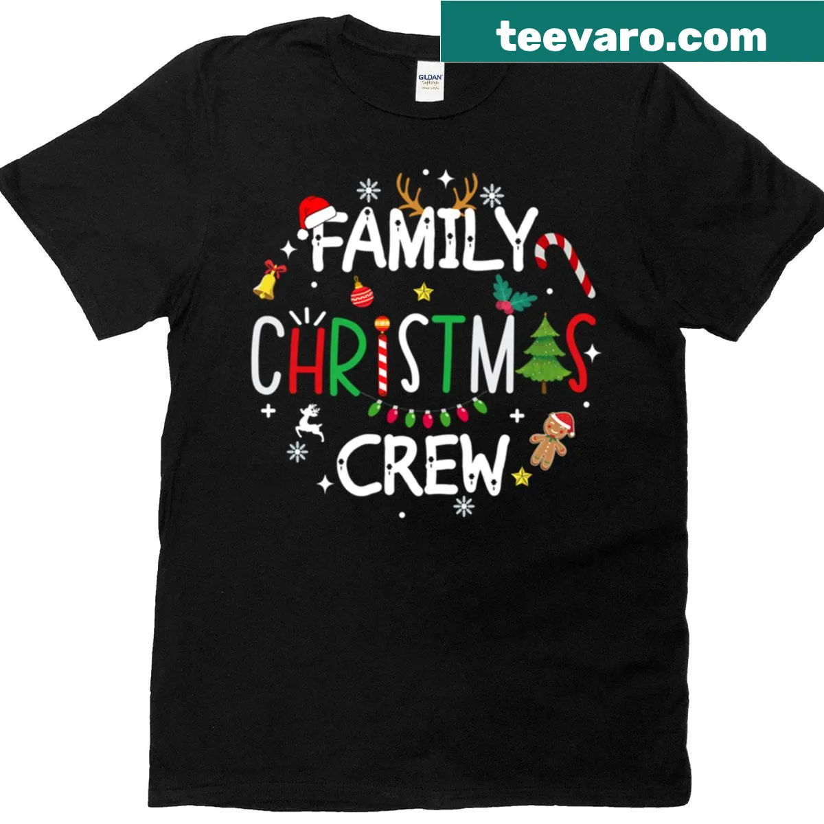 Family Christmas Crew T-shirt with Santa and reindeer design — on a men's t-shirt