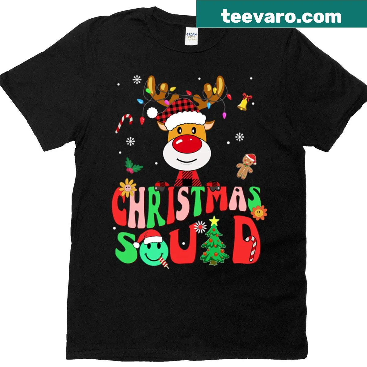 Illustration of cheerful reindeer for Family Christmas Squad T-shirt — on a men's t-shirt