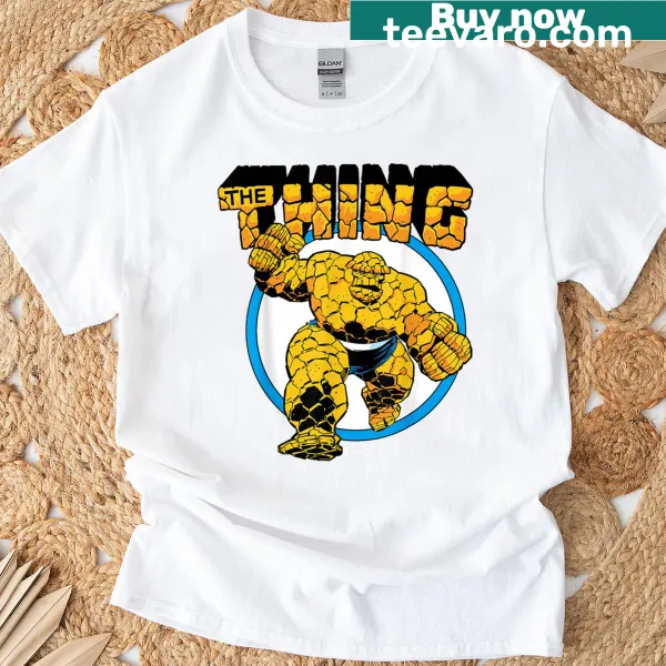 Cartoon logo of The Thing from Fantastic Four on a t-shirt
