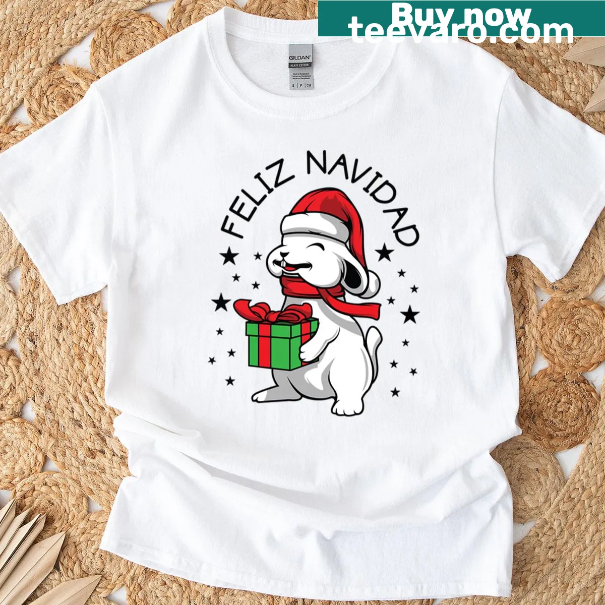 Festive t-shirt with 'Feliz Navidad' text — on a men's t-shirt