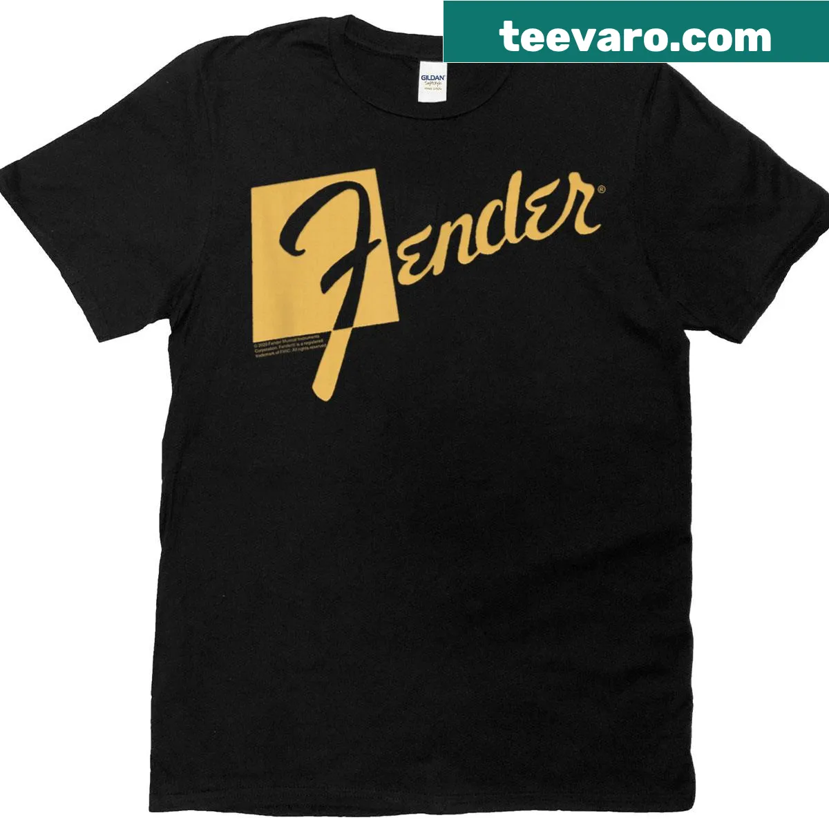 Retro Fender logo t-shirt designed for music lovers and musicians. — on a men's t-shirt