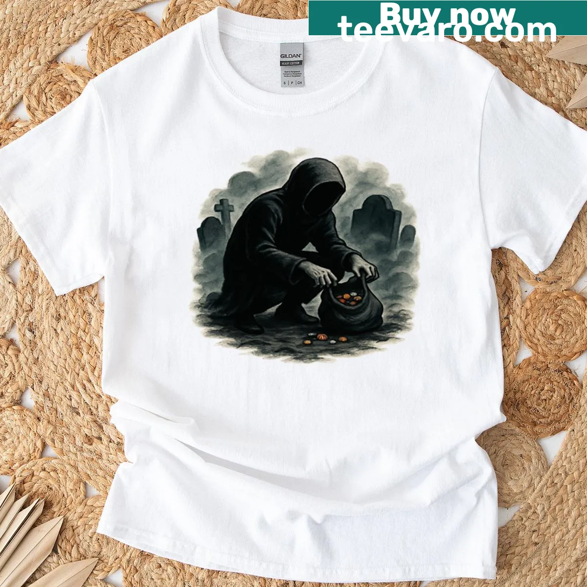 Imaginative illustration of figures collecting candy in a graveyard — on a men's t-shirt