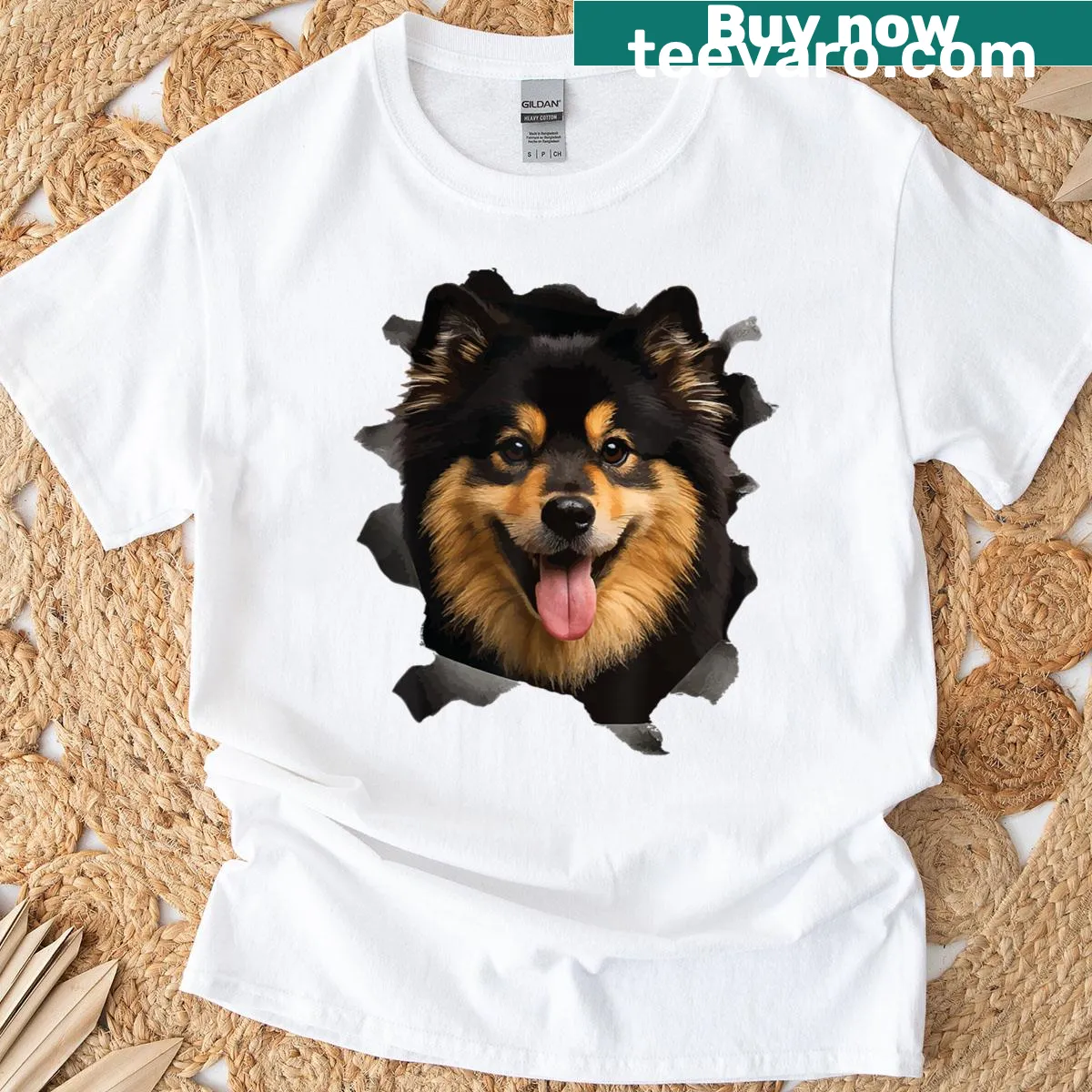 T-shirt featuring an illustration of a Finnish Lapphund — on a men's t-shirt