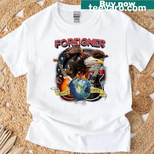 Americana eagle logo t-shirt with 'Foreigner Since 1977' text