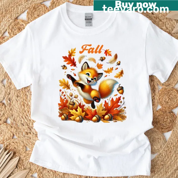 Whimsical fox in leaves illustration T-shirt for nature lovers