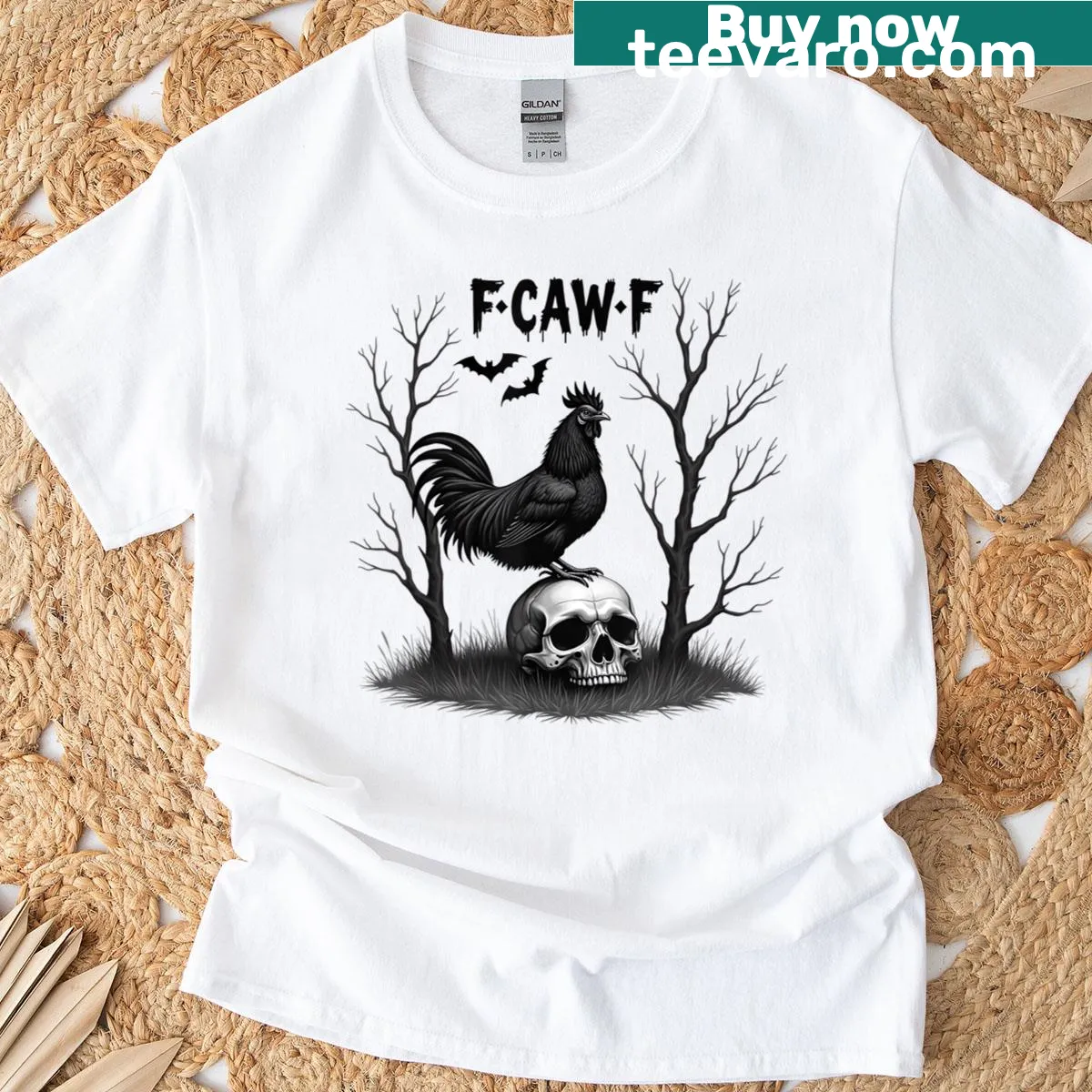Humorous cartoon chicken graphic t-shirt — on a men's t-shirt