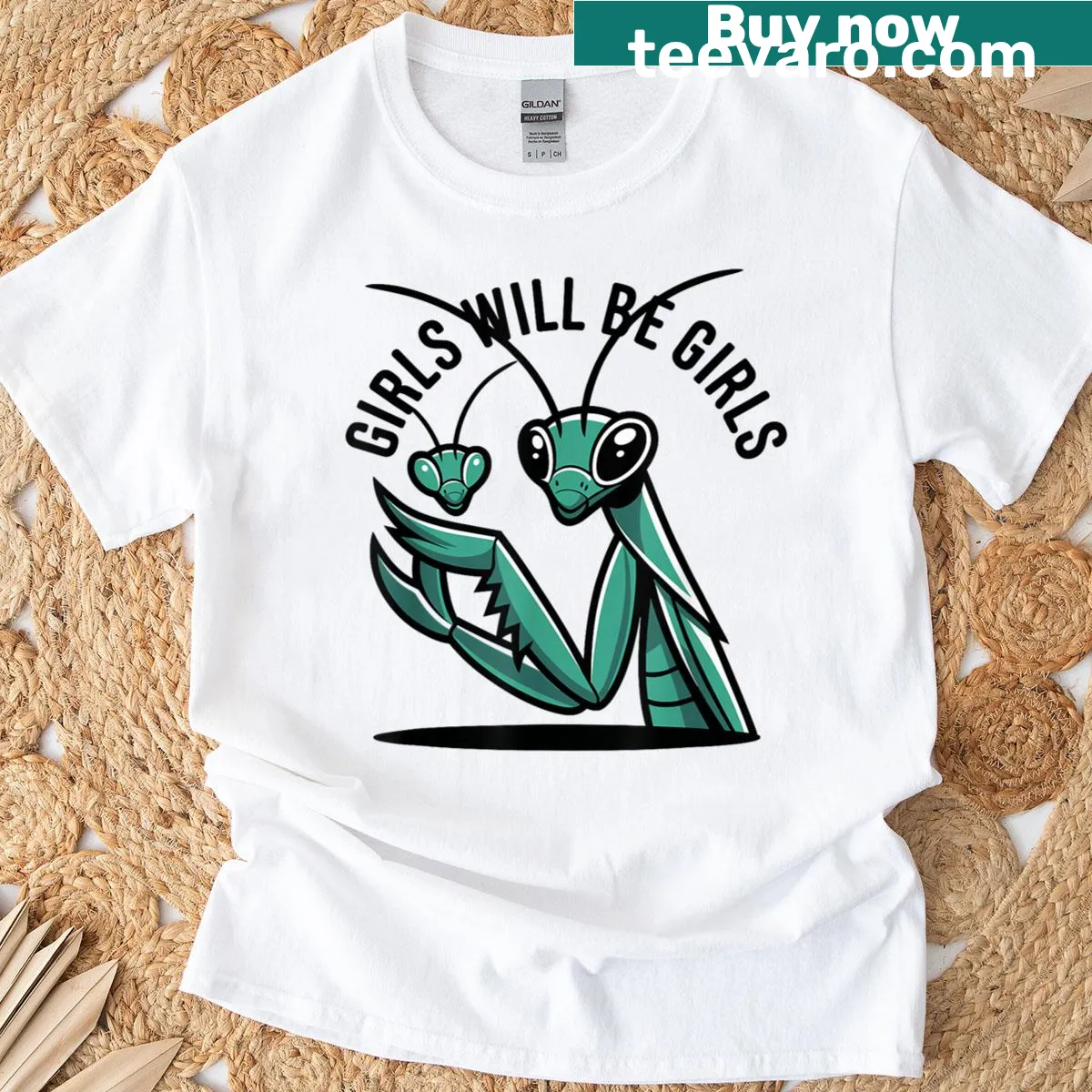 Funny graphic of a praying mantis with humorous saying on T-shirt — on a men's t-shirt