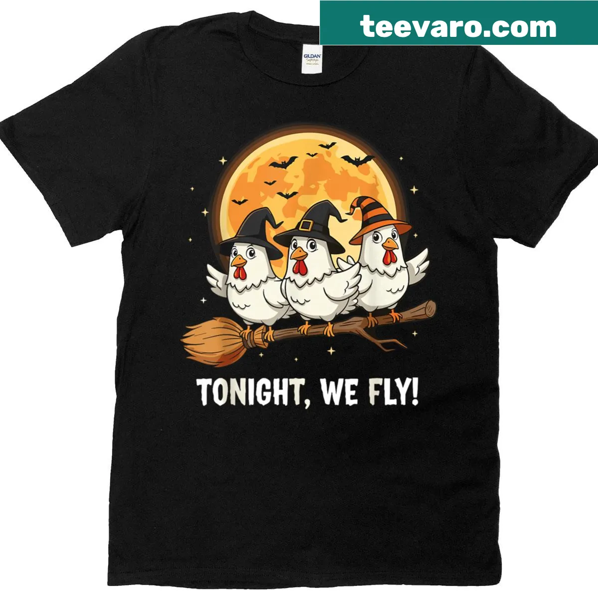 Funny Halloween design with chickens on broomsticks under a moon — on a men's t-shirt