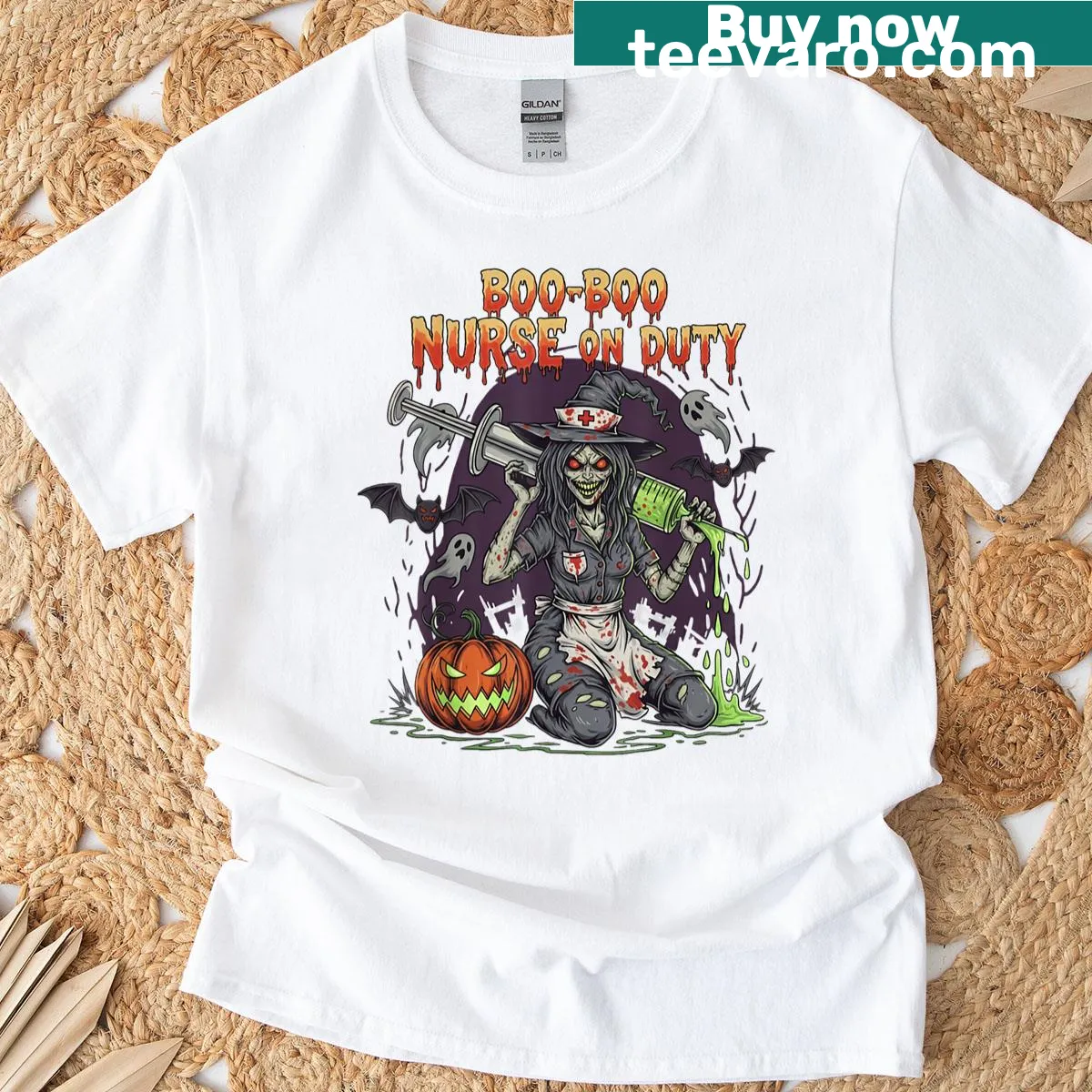 Funny Halloween Nurse Tee with Boo-boo Nurses design — on a men's t-shirt