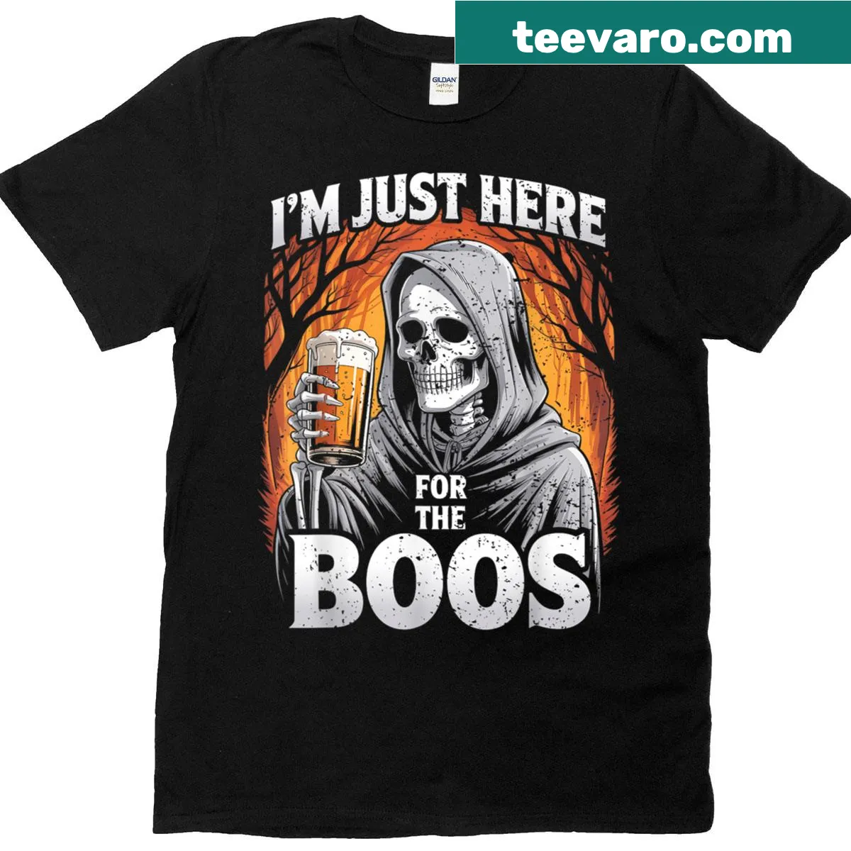Funny Halloween t-shirt with skeleton graphic and humorous text — on a men's t-shirt