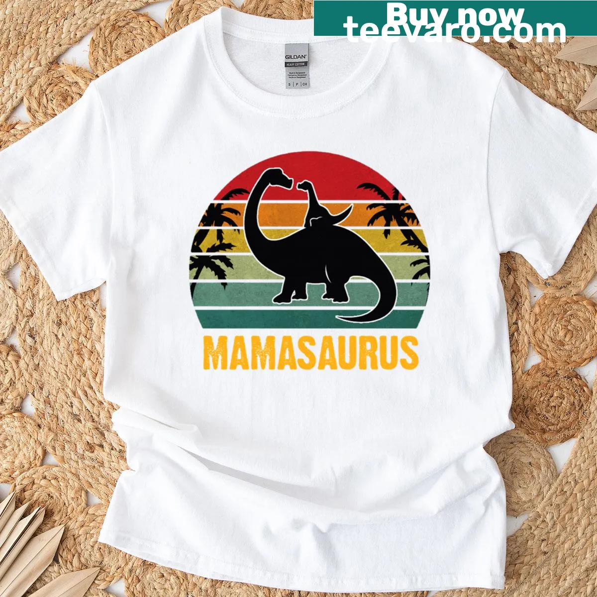 Retro Mamasaurus graphic on t-shirt for mothers — on a men's t-shirt