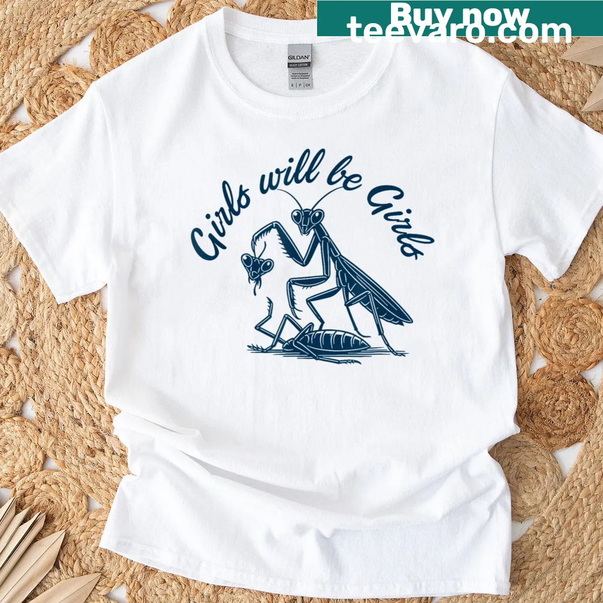 Cartoon praying mantis graphic on a humorous t-shirt — on a men's t-shirt