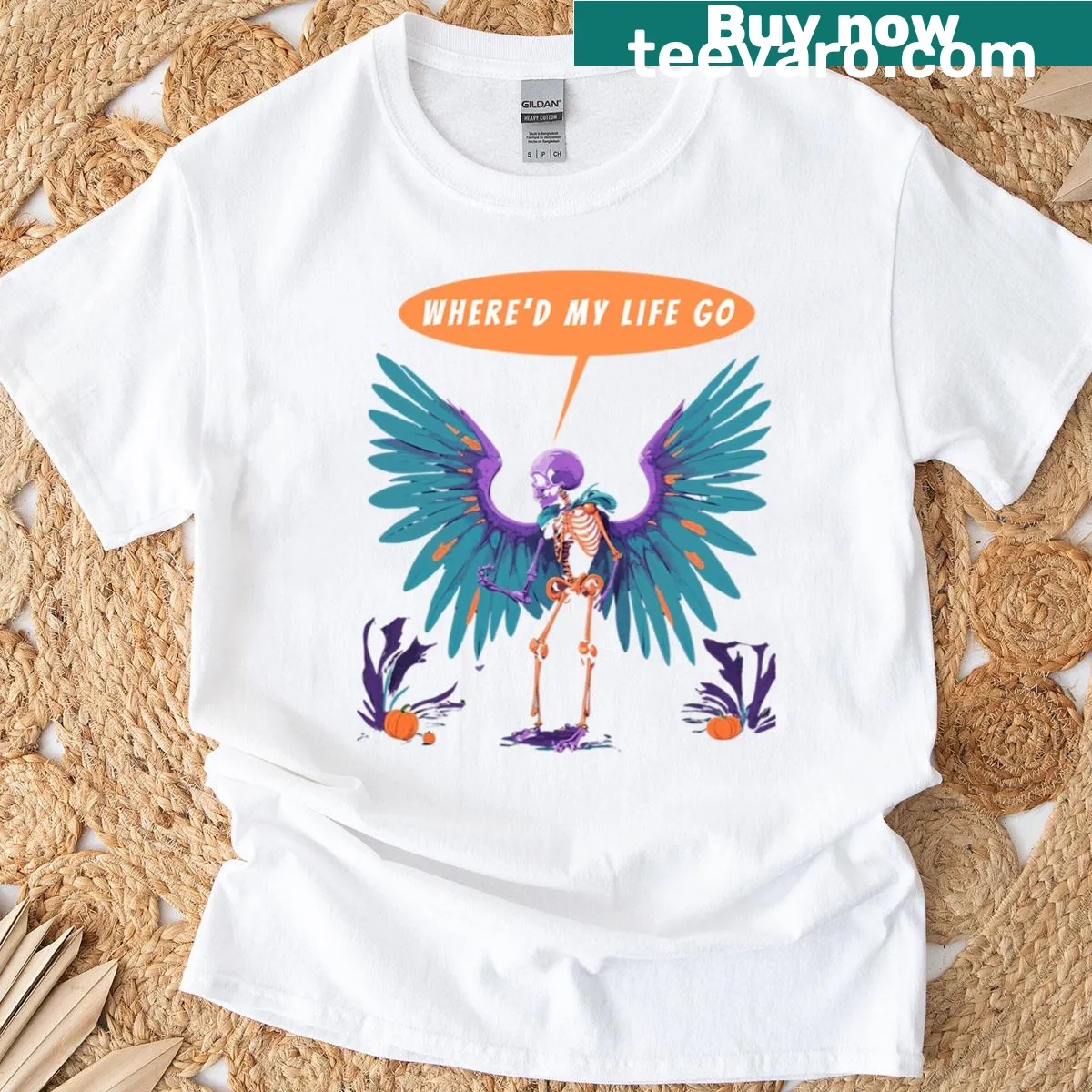 Funny T-shirt featuring a skeleton with wings and humorous text — on a men's t-shirt