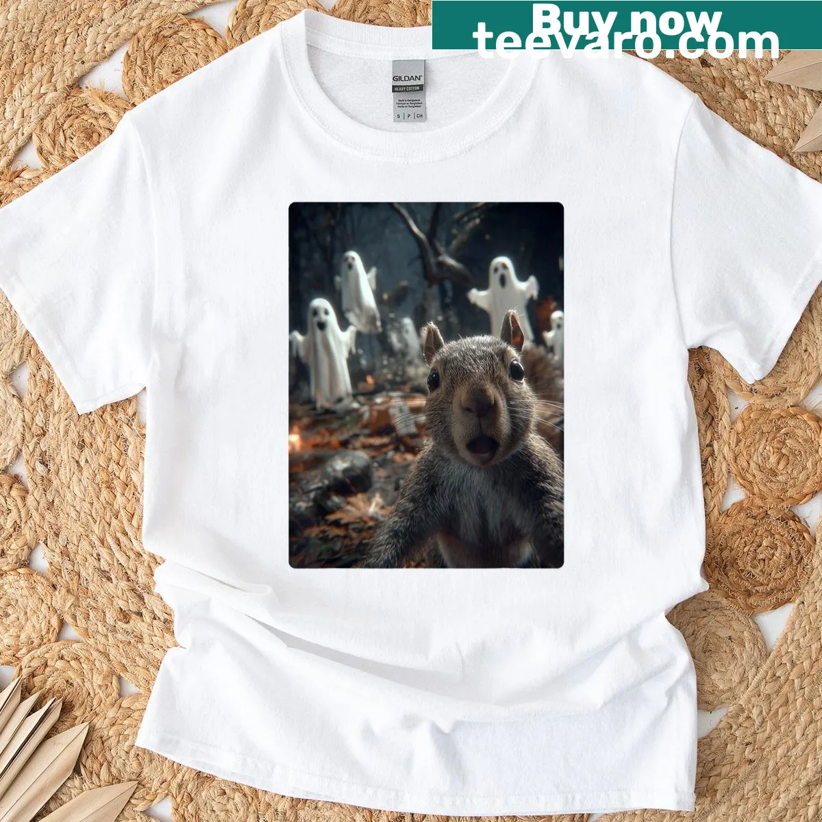 Playful T-shirt featuring a squirrel selfie with ghosts in a haunted forest — on a men's t-shirt
