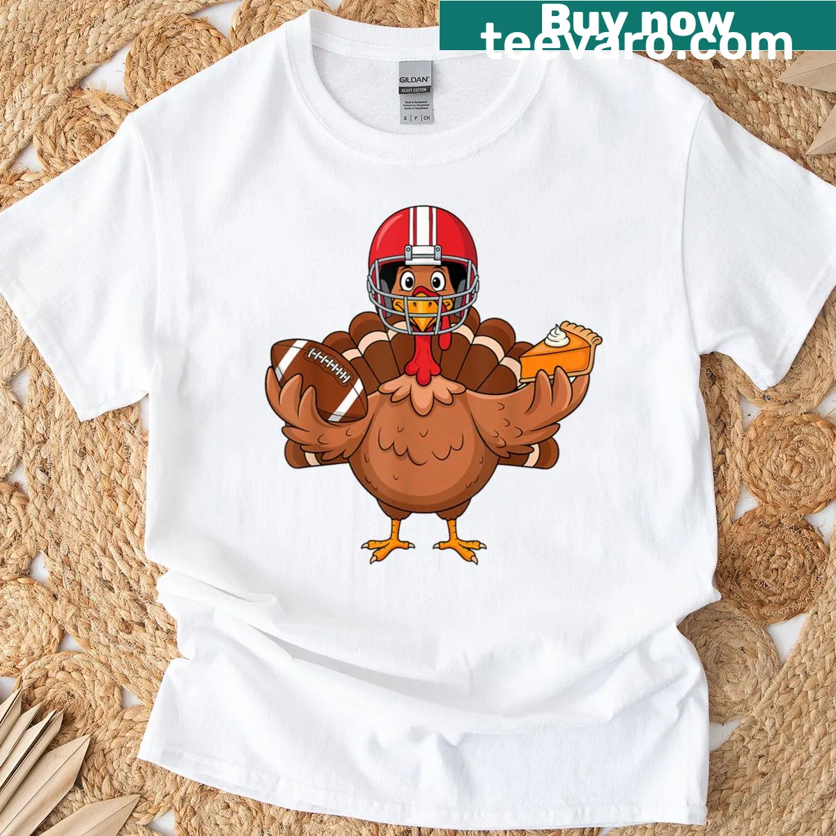 Funny Thanksgiving t-shirt with turkey and pie illustration — on a men's t-shirt