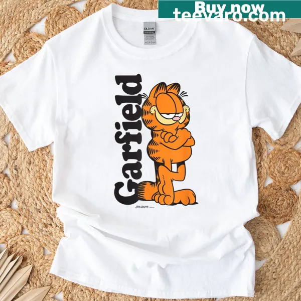 Cartoon T-shirt featuring Garfield leaning against a logo