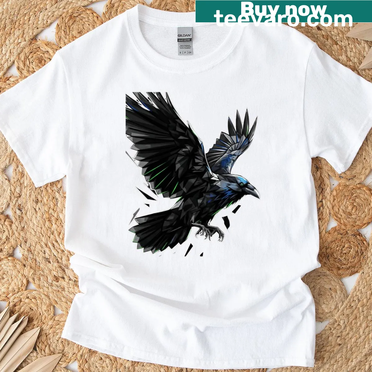 Geometric polygonal raven design on a T-shirt — on a men's t-shirt