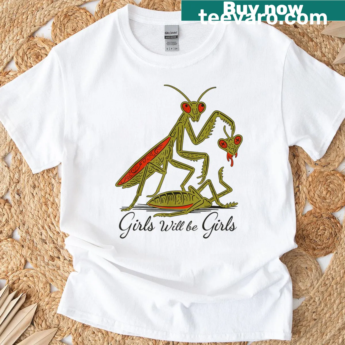 Cute T-shirt featuring a praying mantis illustration promoting girl empowerment — on a men's t-shirt