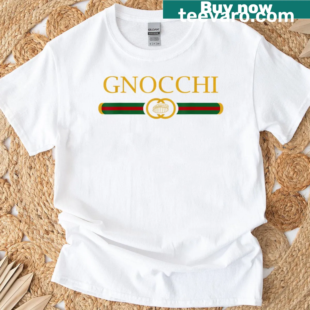 Funny logo-style t-shirt celebrating gnocchi, ideal for food lovers — on a men's t-shirt