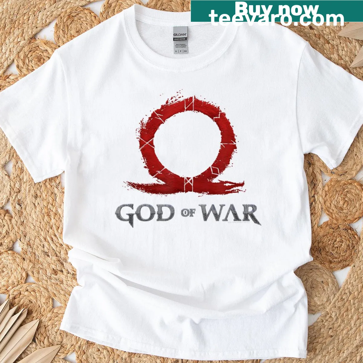 T-shirt featuring the stacked textured logo of God of War — on a men's t-shirt
