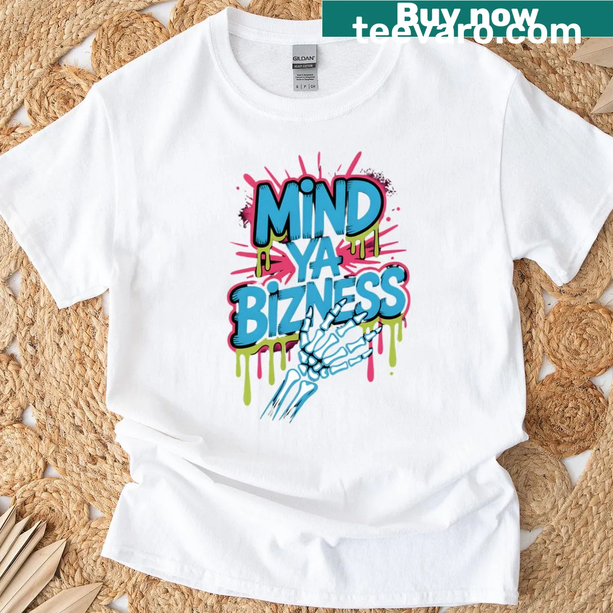 T-shirt featuring bold typography with 'Mind Ya Bizness' text — on a men's t-shirt