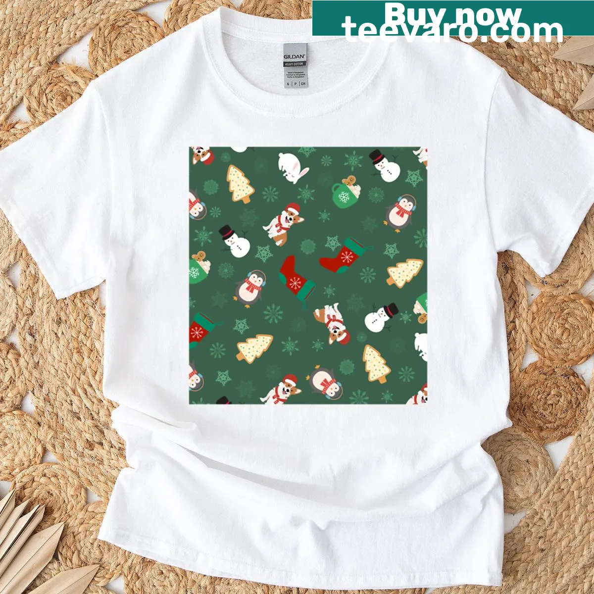 Whimsical dogs enjoying a green and white Christmas on a t-shirt — on a men's t-shirt