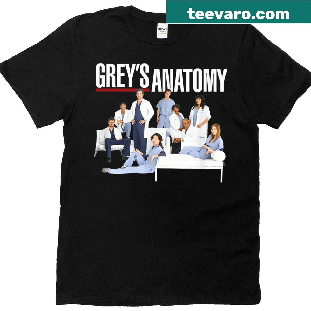 Grey's Anatomy T-shirt featuring the group and logo graphic — on a men's t-shirt