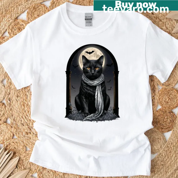 Graphic of a black cat in a moonlit window for Halloween