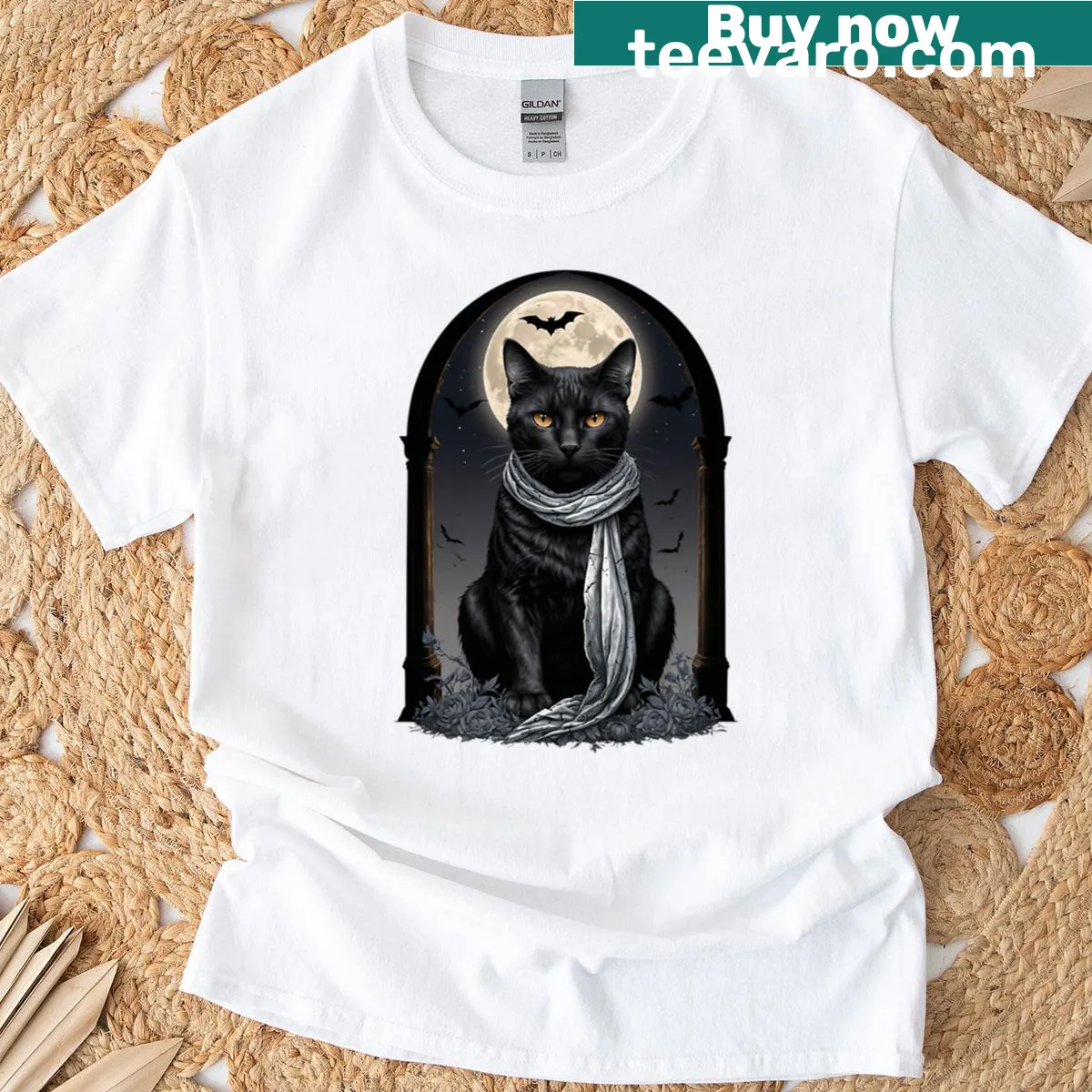 Graphic of a black cat in a moonlit window for Halloween — on a men's t-shirt