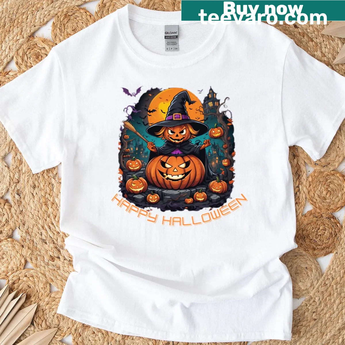 Halloween t-shirt featuring a black cat and harvest moon — on a men's t-shirt
