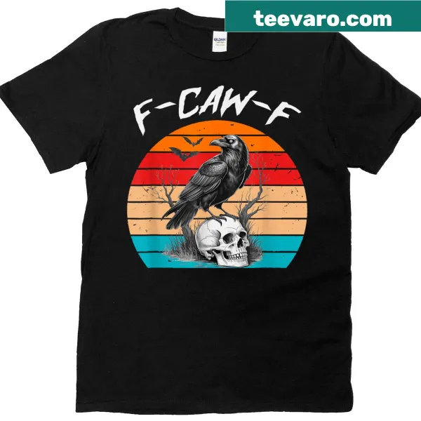 Vintage-style T-shirt with Halloween theme 'F Caw F' featuring a crow