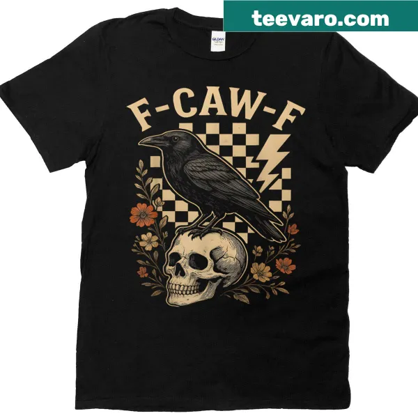 Edgy Halloween T-shirt featuring a raven graphic and checkered design