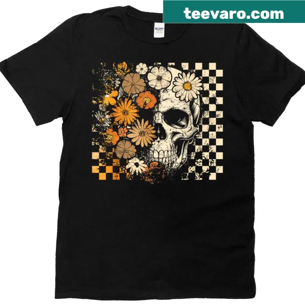 Floral skull design on T-shirt with checkered background