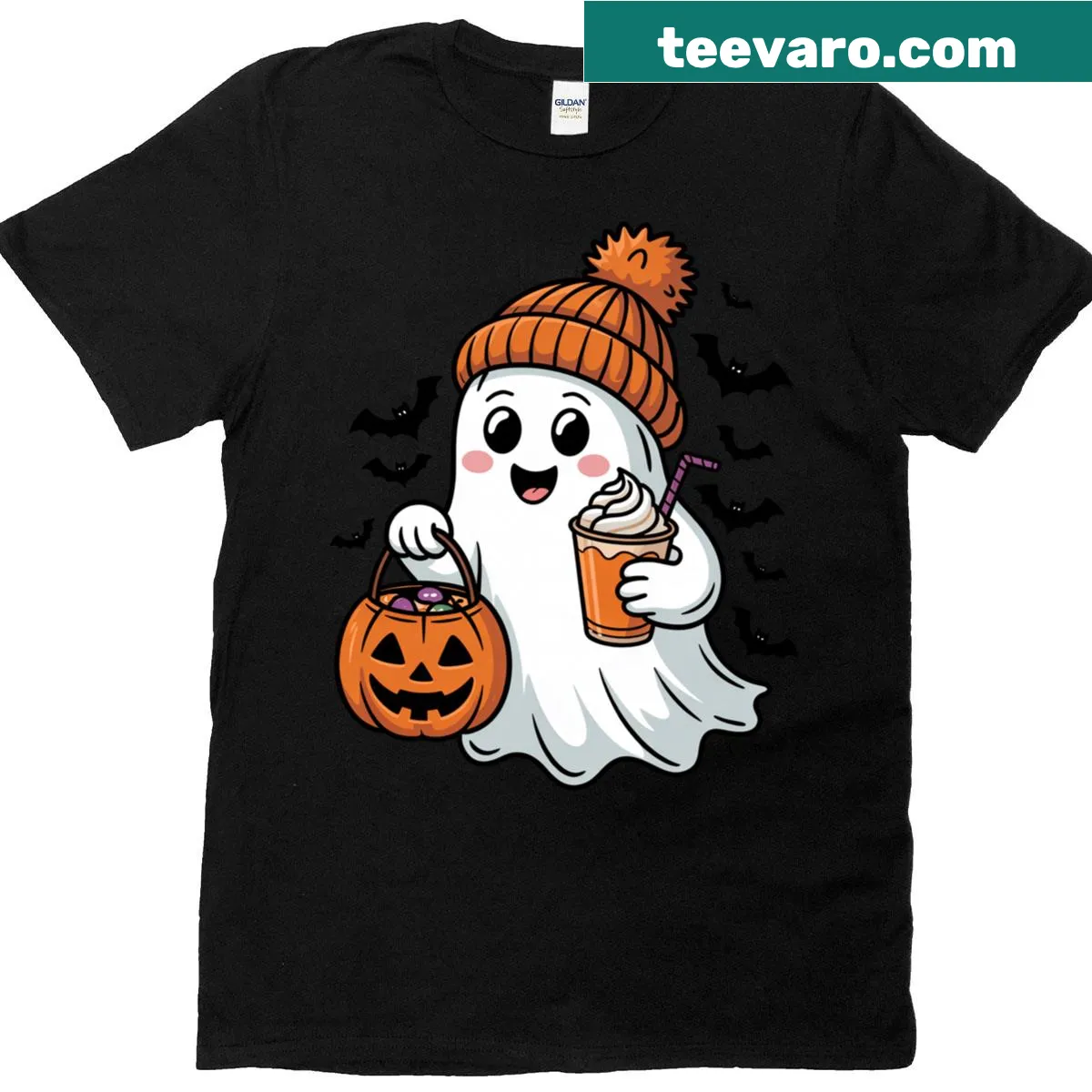 Halloween T-shirt featuring a ghost drinking pumpkin coffee — on a men's t-shirt