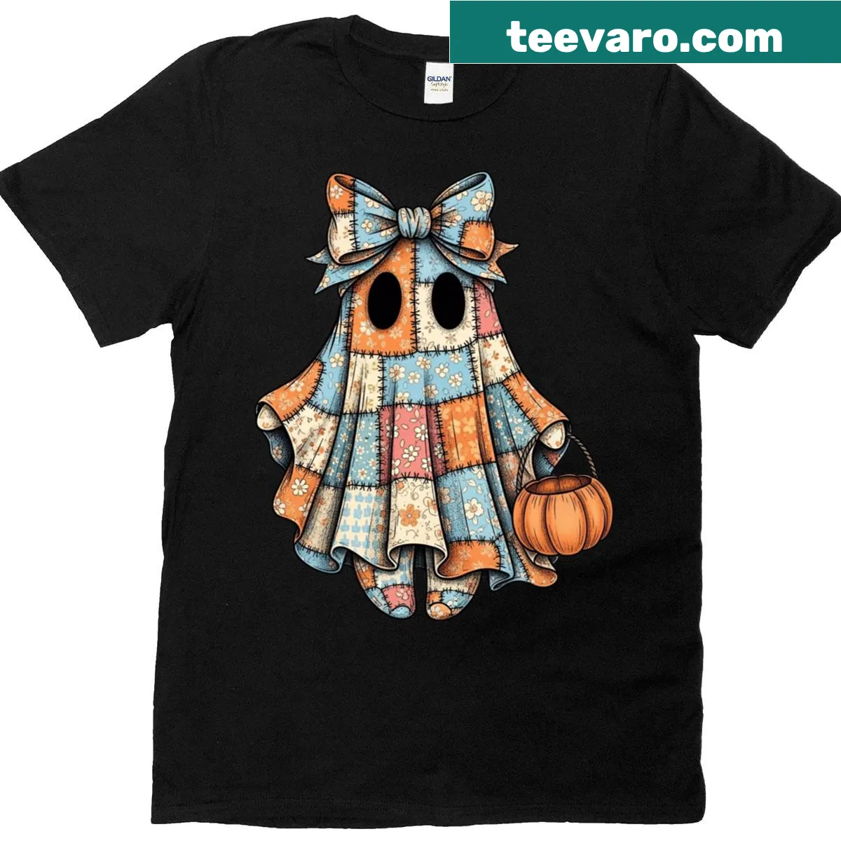 Ghost patchwork T-shirt for girls, perfect for Halloween fun. — on a men's t-shirt
