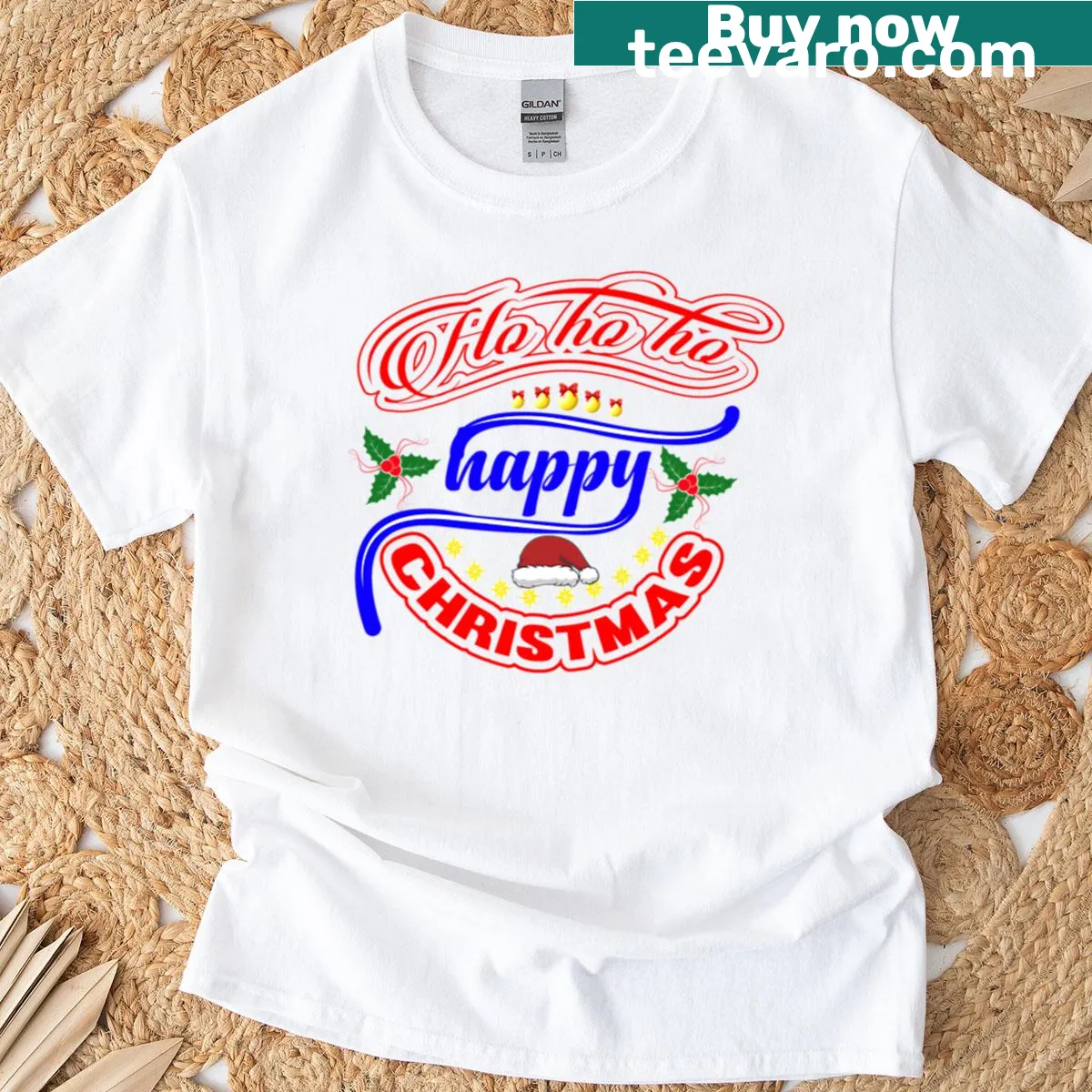 Ho Ho Ho Happy Christmas graphic t-shirt design — on a men's t-shirt