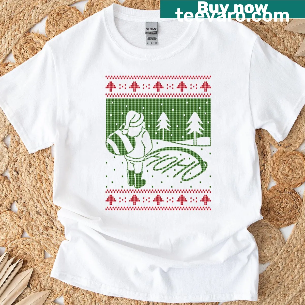 Edgy Santa pissing graphic T-shirt for Christmas — on a men's t-shirt