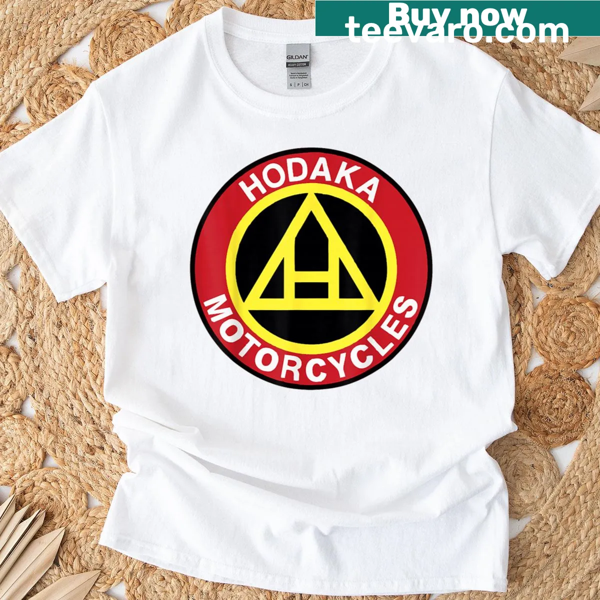T-shirt featuring the Hodaka logo design in a classic style — on a men's t-shirt
