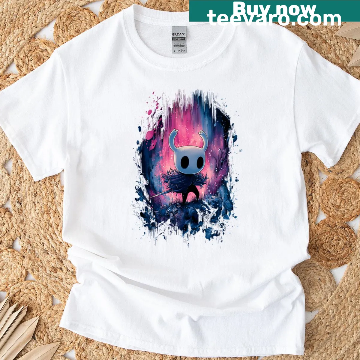 Hollow Knight art T-shirt featuring Hornet illustration — on a men's t-shirt