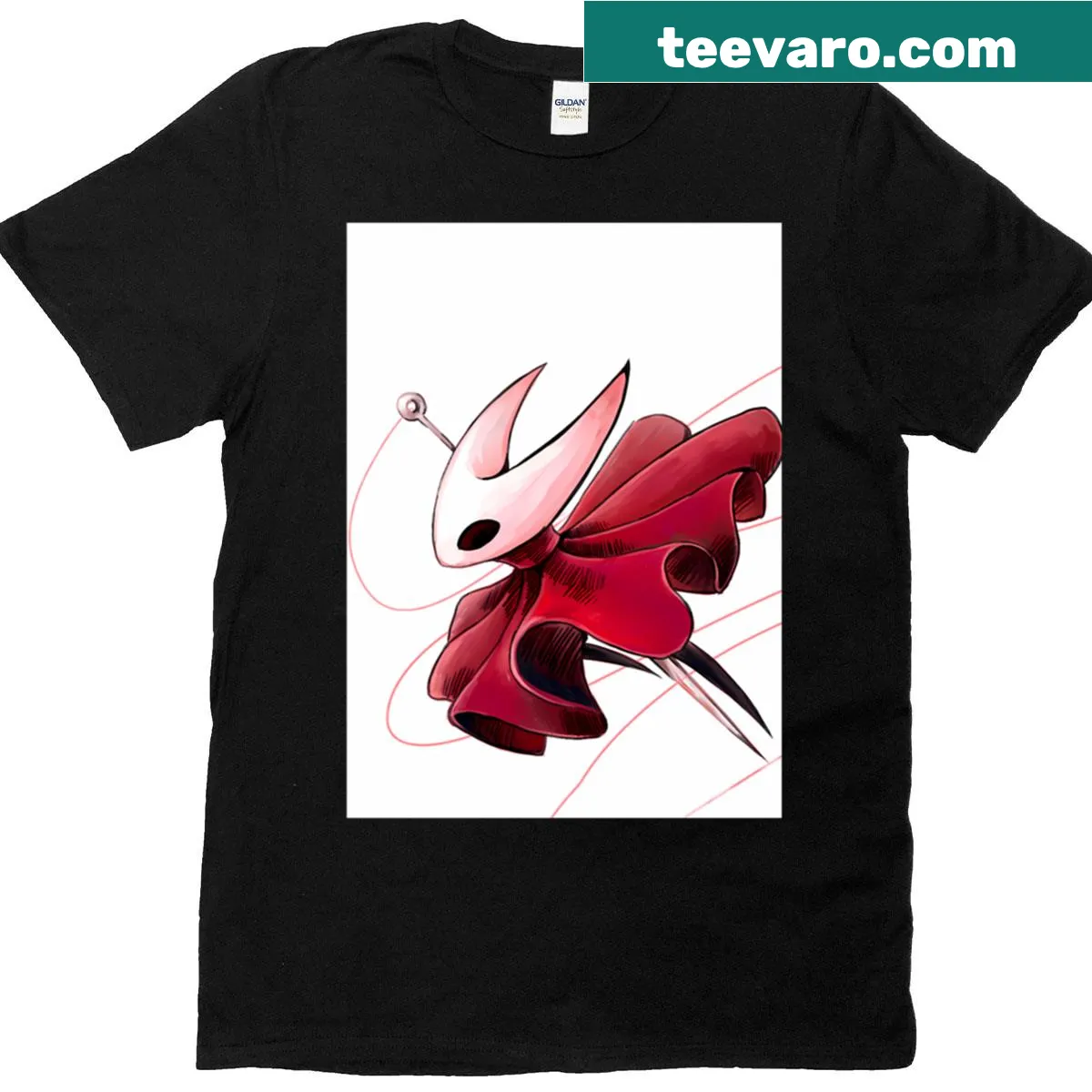 Hollow Knight game-themed shirt with Hornet dynamic attack graphic — on a men's t-shirt