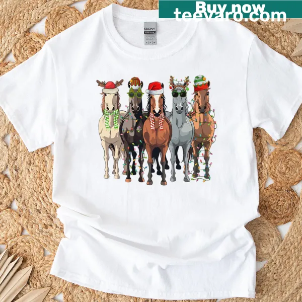 Christmas T-shirt featuring horses in festive illustrations