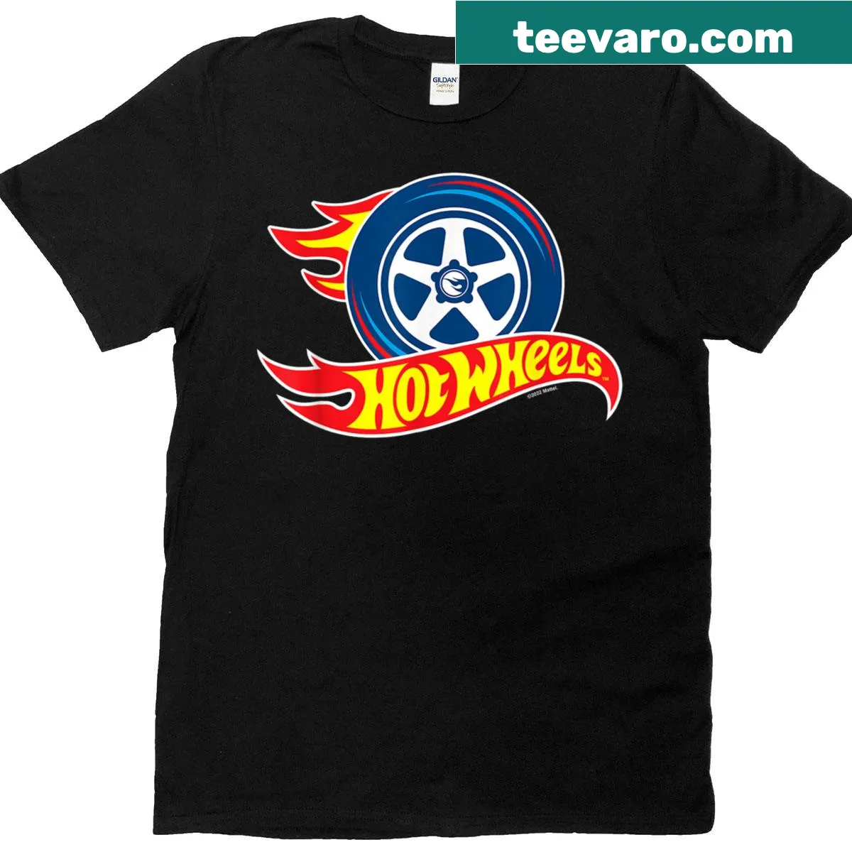 Hot Wheels T-shirt with flaming tire logo — on a men's t-shirt