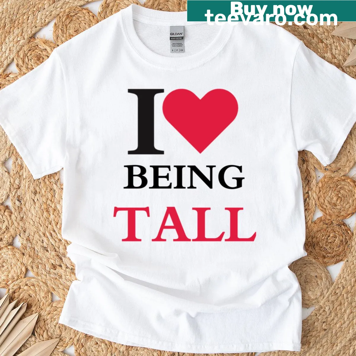 Red T-shirt with 'I Heart Being Tall' text and heart graphic. — on a men's t-shirt