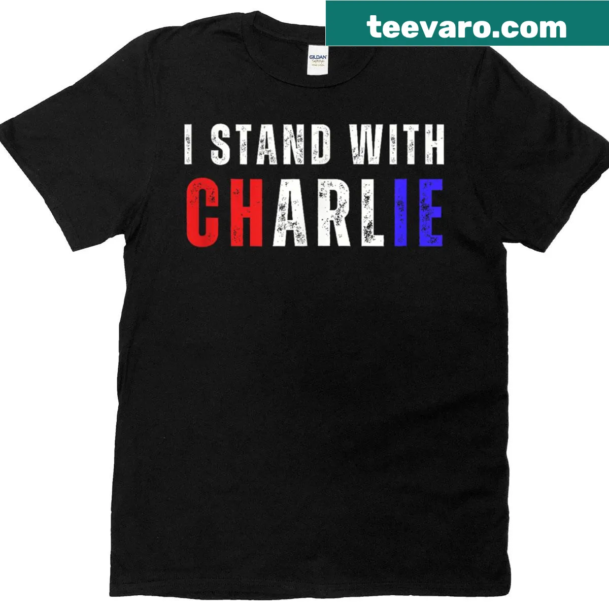 Solidarity T-shirt with the phrase 'I Stand With Charlie' — on a men's t-shirt