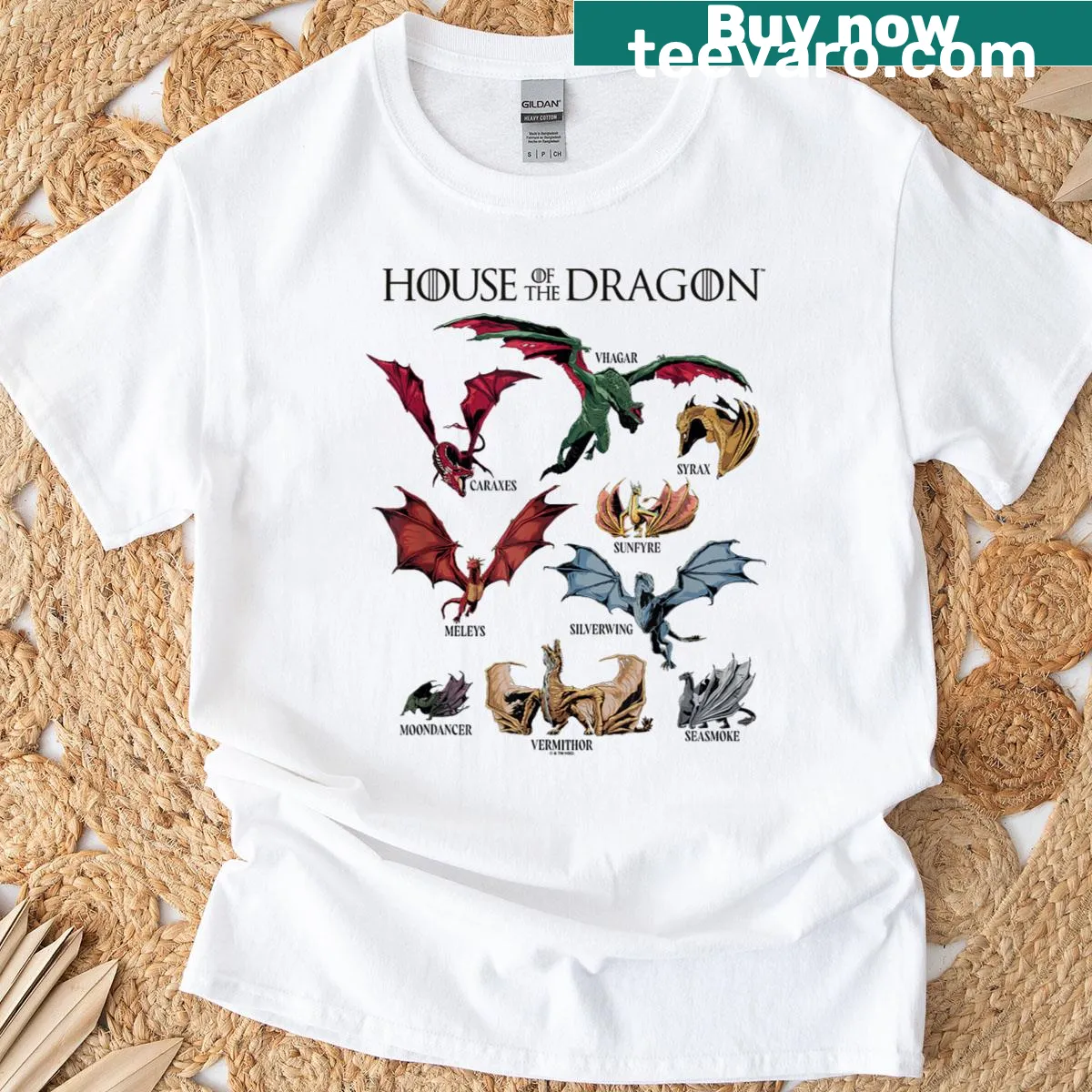 Collage of iconic dragons on a t-shirt featuring a chest logo — on a men's t-shirt