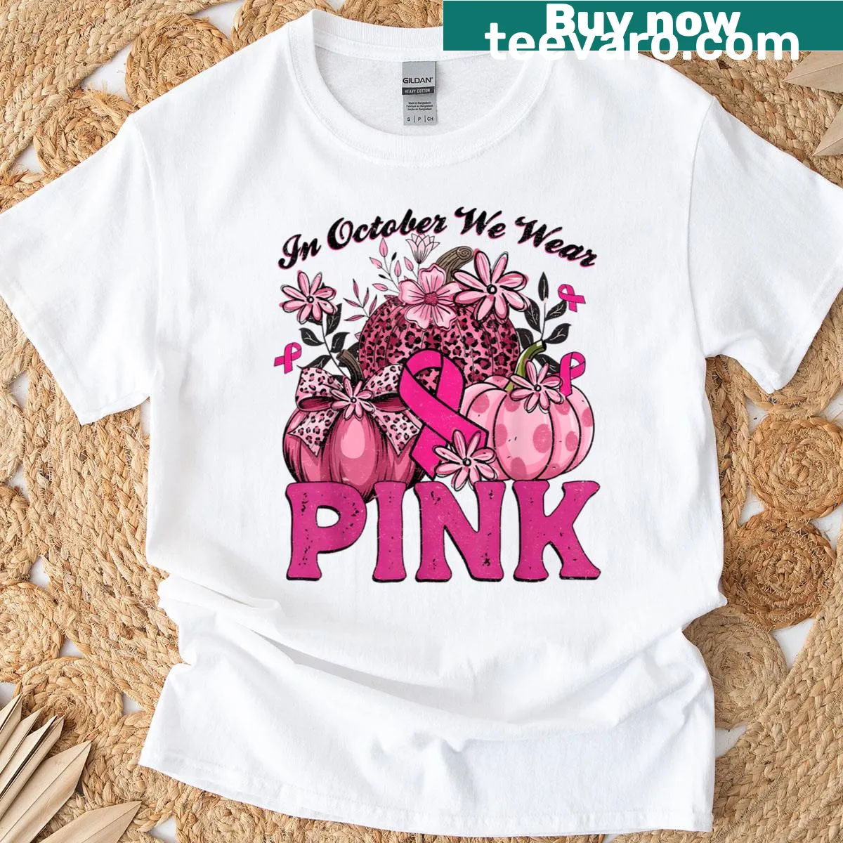 T-shirt featuring pink leopard pumpkin design for Breast Cancer Awareness — on a men's t-shirt