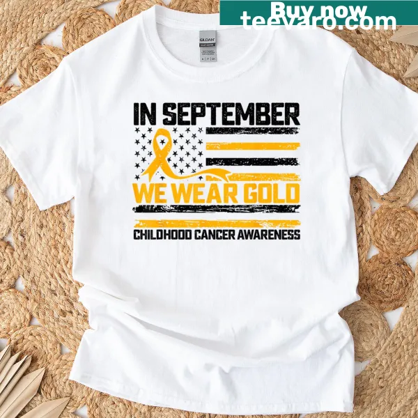 Gold ribbon and US flag design for childhood cancer awareness