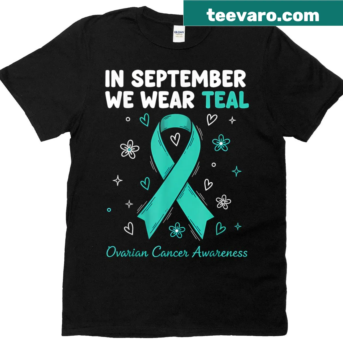 Teal T-shirt for ovarian cancer awareness — on a men's t-shirt