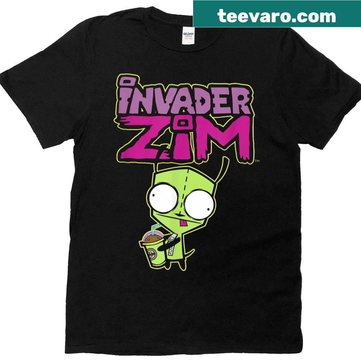 T-shirt featuring Gir from Invader Zim with a milkshake — on a men's t-shirt